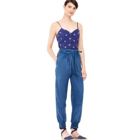 La Vie Rebecca Taylor Tissue Denim Chambray High Rise Tapered Smocked Hem Pant L - Picture 1 of 13